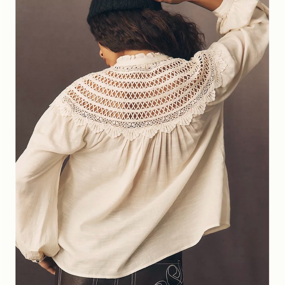 NWT Anthropologie Pilco Lace Yoke Peasant Elegant Cream Lace Blouse - Picture 3 of 11
